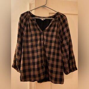 Brown and Black V-Neck 3/4 Sleeve Relaxed Blouse